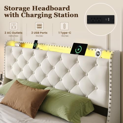 Upholstered Full Size Bed Frame with 4 Storage Drawers, Beige