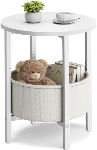 Vagusicc Small Round Side Table, Accent End Table with Fabric Basket, Drink Table Coffee Table for Small Spaces, Sofa Corner Table,Bedside Table,Modern Nightstand for Living Room, Bedroom, White