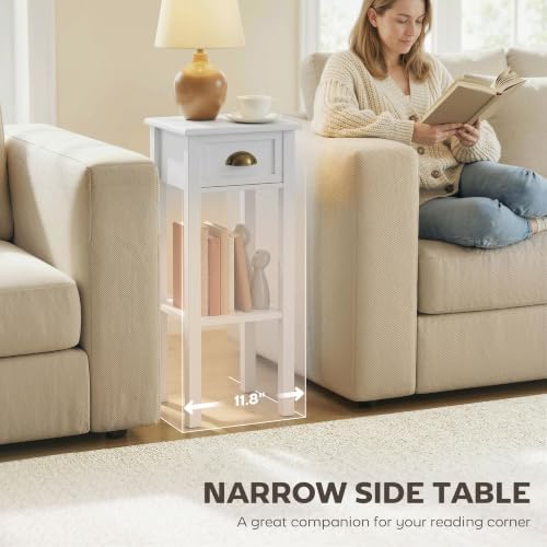 HOMCOM Narrow End Table with Drawer and Bottom Shelf Set of 1 White