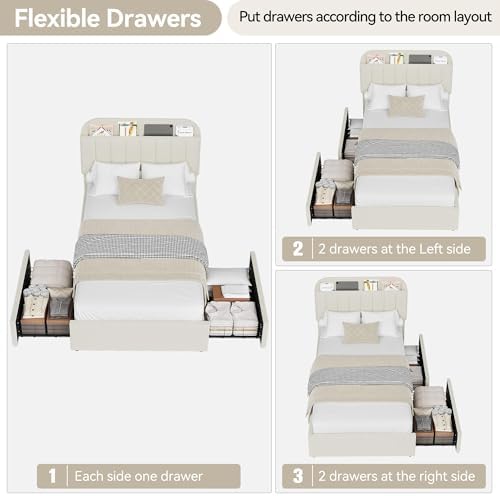 IDEALHOUSE Twin XL Bed Frame for Kids, Boucle Upholstered Platform Bed for Boys/Girls with 2 Flexible Drawers, Bookcase Headboard, Noise-Free, Easy Assembly, No Box Spring Needed, Beige
