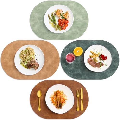ADRIMER Oval Placemats Set of 4, Wipeable Faux Leather, 4 Colors