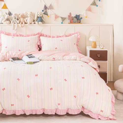 Cute Rainbow Stripes Bowknot Duvet Cover Pink Ruffle Princess Chic Bow Printed Textured Seersucker Comforter Cover Set for Girls Kids Teens Queen 3Pcs