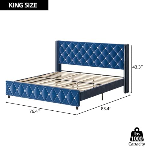 HOMBCK King Bed Frame with Velvet Headboard, Silverside Wingback, Blue