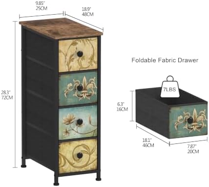 Tohomeor Narrow Storage Dresser Slim Dresser with Retro Flowers Fabric Drawers Vertical Skinny Cabinet for Small Spaces,Bathroom,Bedroom Closet Nightstand,Entryway Organizer (Retro Flower, 4 Drawers)