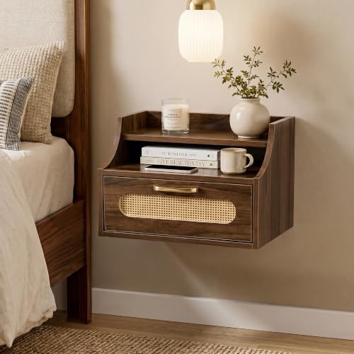 Afuly Floating Nightstand with Drawer, Walnut Bedside Table Wall Mounted