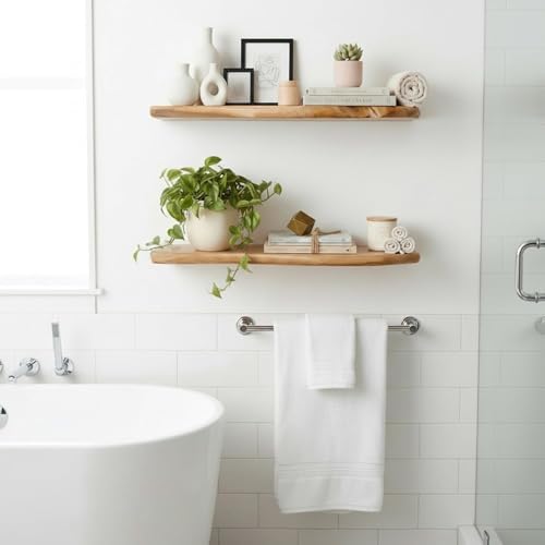 WELLAND 24" Cedar Floating Shelves, Set of 2, Live Edge Wall Shelves