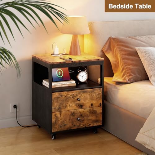 Bedroom Nightstand with Charging Station, Side Table with 2 Drawers,Sofa End Table Living Room with Wheels for Living Room Bedroom Office(Rustic Brown + Black)