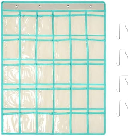30 Clear Pockets Classroom Pocket Chart Organizer, Pocket Chart for Phone Calculator Holder, Hanging Wall Door Calculator Phone Caddy with Hooks (Beige)