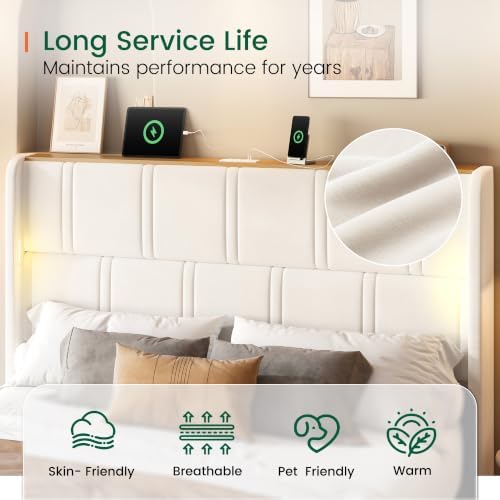 LARMACE 55.1" Tall Headboard King Size Bed Frame, 2 Reading Lights, Beige