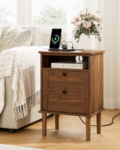 Nightstand with Charging Station, Boho Night Stand with 1 Drawer, Modern Side Accent Table with Open Shelf, Wooden Top Bedside End Table for Bedroom, Living Room, Walnut