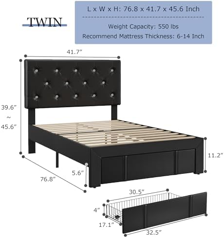 VECELO Twin Size Bed Frame with Storage Drawers, Leather Upholstered Bedframe with Diamond Tufted Headboard, Solid Wood Slat Support, No Box Spring Needed, PU Black