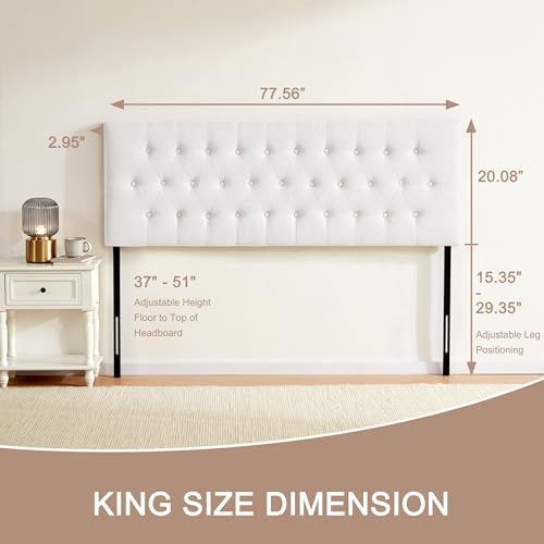 Tufted Upholstered Headboard King Size, Adjustable Height 37- 51 in, White