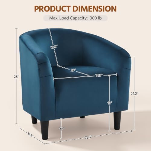 Yaheetech Small 25.5in Wide Velvet Barrel Accent Chair Bedroom, Pagoda Blue