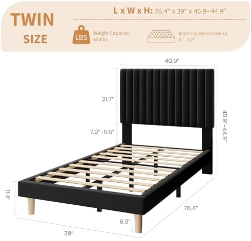 Twin Bed Frame with Adjustable Headboard, Velvet Upholstered Platform Bed