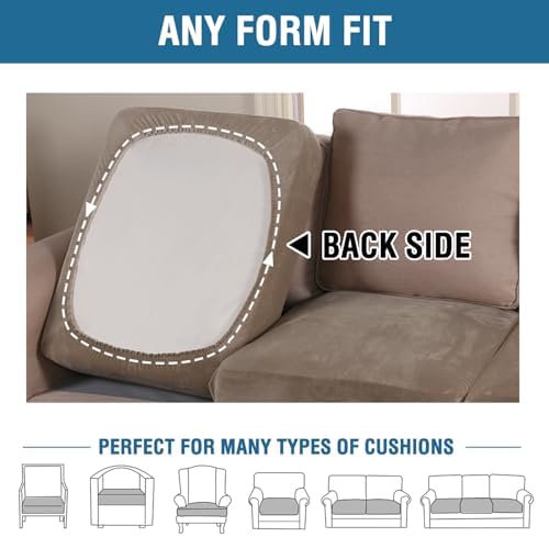 H.VERSAILTEX Velvet Stretch Couch Cushion Cover Plush Cushion Slipcover for Chair Loveseat Sofa Cushion Furniture Protector Seat Cushion Sofa Cover (3 Piece XL Sofa Cushion Covers, Mocha)