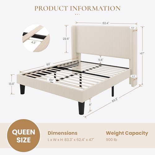 SHA CERLIN Queen Corduroy Platform Bed with Tufted Wingback Headboard/Cream
