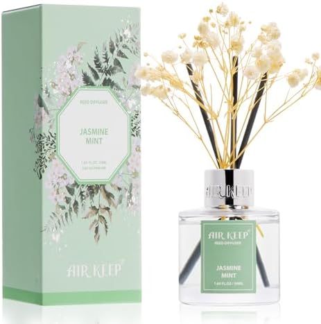 Airkeep Reed Diffuser Set,1.69 fl oz (50 ml) - Jasmine Mint Oil Diffusers with 8 Reed Sticks,Home Fragrance Reed Diffuser for Bathroom Shelf Decor