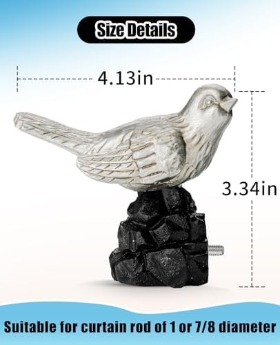 Bird-Shaped Decorative Curtain Rod Finials, 1 or 7/8 Inch, Easy Install, Set of 2 – Vintage Pewter