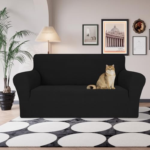 JIVINER Stretch Loveseat Slipcovers 1 Piece Love Seat Sofa Cover Spandex 2 Seater Couch Covers Universal Furniture Protector with Elastic Bottom (Black, Loveseat)