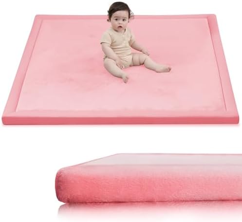 Huloo Sleep Ultra Soft Baby Play Mat for Floor,1.3" Thick Elasti-Foam 47x47 Play Mat for Playpen,Water-Repellent Coral Velvet for Tummy Time, Non-Slip Backing Safe for Toddlers & Infants（Pink）