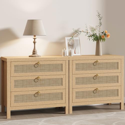 Eclatara Large Rattan Night Stand Set of 2 Boho Nightstand with 3 Drawers