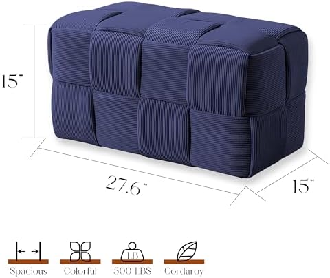 Cmishe 28" Rectangular Woven Corduroy Ottoman Footrest - Large Modern Entryway Bench & Bed End Stool, Sturdy Wood Frame, No Assembly (Blue-L)
