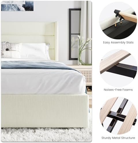 SHA CERLIN Full Size Chenille Lift Up Hydraulic Storage Bed Frame Cream