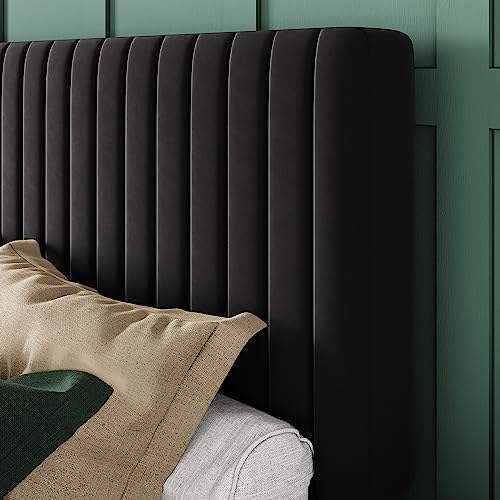 Allewie Queen Bed Frame, Velvet Upholstered Platform Bed with Vertical Channel Tufted Headboard, Mattress Foundation with Strong Wooden Slats, Box Spring Optional, Easy Assembly, Black