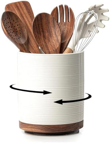 Utensil Holder, 360° Rotating Extra Large Ceramic Kitchen Utensil Holder for Countertop, 7.3“ Cooking Utensil Crocks for Kitchen Counter with Rotatable Wooden Base, Farmhouse Decor, White
