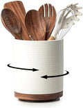Utensil Holder, 360° Rotating Extra Large Ceramic Kitchen Utensil Holder for Countertop, 7.3“ Cooking Utensil Crocks for Kitchen Counter with Rotatable Wooden Base, Farmhouse Decor, White