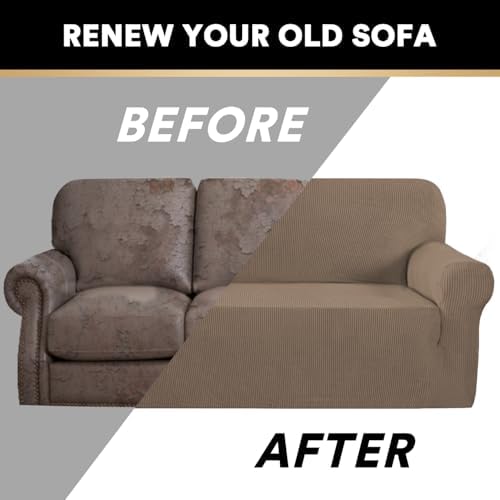 PrinceDeco Stretch Sofa Slipcover 1 Piece Sofa Cover for 2 Cushion Couch Furniture Protector/Cover Couch with Elastic Bottom Soft and Durable Sofa Cover Pet Protector (Loveseat,Macchiato)
