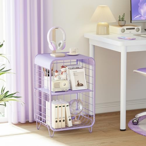 APEXCHASER Cute Kids Nightstand,3 Tier Metal Side Table,Purple