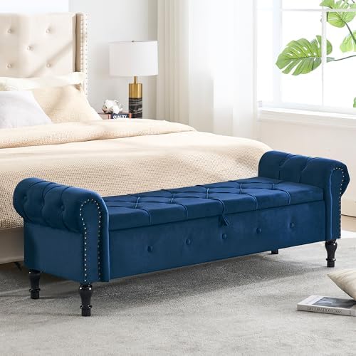 Storage Bench 67" Velvet End of Bed Benches Navy Blue