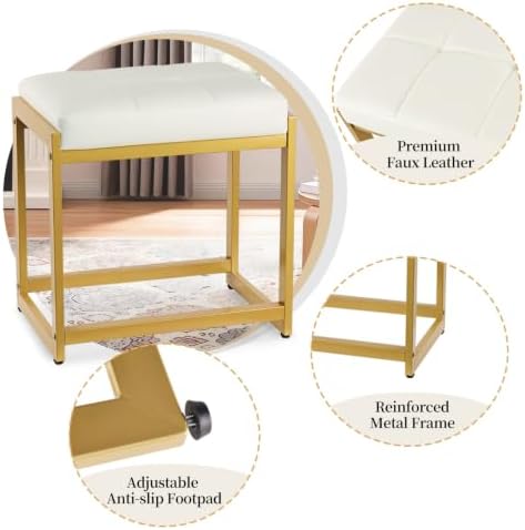 Vanity Stool, Vanity Chair Stools with Reinforced Metal Legs, Faux Leather Upholstered Ottoman Bench for Bedroom, Living Room, Small Modern Makeup Chairs for Dressing Table, White&Gold