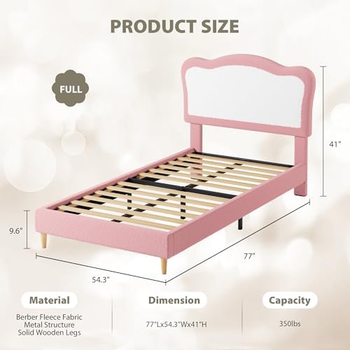 Garvee Full Bed Frames for Kids with Soft headboard, Velvet Low Bed Frame for Girls, Boys, No Box Spring Needed, Wooden Slats, Noise Free, Sturdy, Easy Assembly, Pink, White