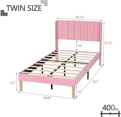Twin Size Bed Frame with Velvet Upholstered Headboard, Pink