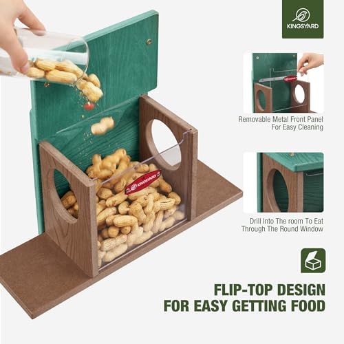 Kingsyard Squirrel Feeder Box for Outside, Recycled Plastic Squirrel Feeder Box with Corn Cob Holders, Easy to Refill & Clean, Weather-Proof Roof (Green)