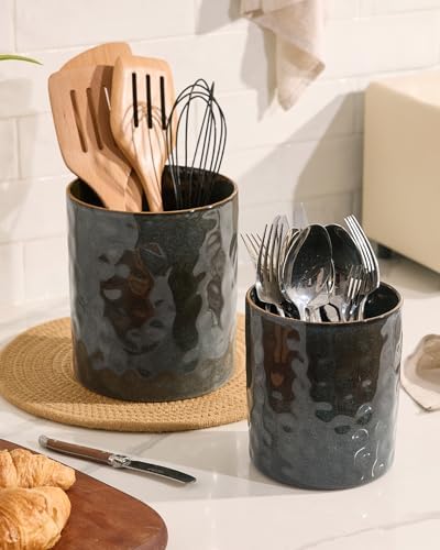 famiware Ceramic Utensil Holder, 7.2"+5.8", Set of 2, Deep Forest