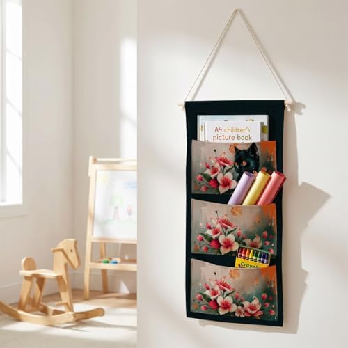 IAXIC Canvas Wall Hanging Organizer with Pockets Fish Extender Hanging Pouch Floral Black Cat Door Closet Organizers Fabric Storage Pockets Wall Decoration