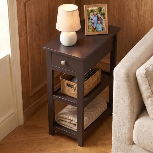 SEJOV Narrow Side Table, Small Brown End Table with Drawer and 2 Shelves