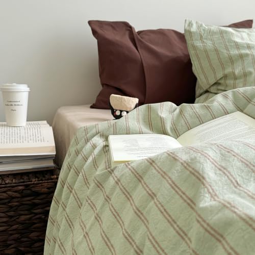 AOJIM Green & Russet‑Red Striped Duvet Cover Twin XL 3Pcs Vintage Bedding