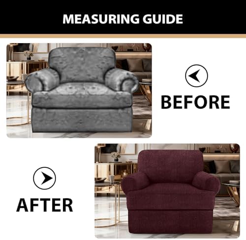 Sofa Cover 2 Pieces T Cushion Chair Covers with Arms Super Stretch Chair Slipcover for Living Room,Slip Cover Anti Slip Armchair Furniture Protector Pet Universal(Burgundy, 1 Cushion)