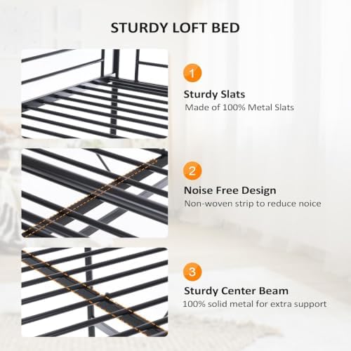 VINGLI Loft Bed Full Size with Flat Rungs for Adults, Kids and Young Teens, No Box Spring Needed,Heavy Duty Metal Slat Support,Black