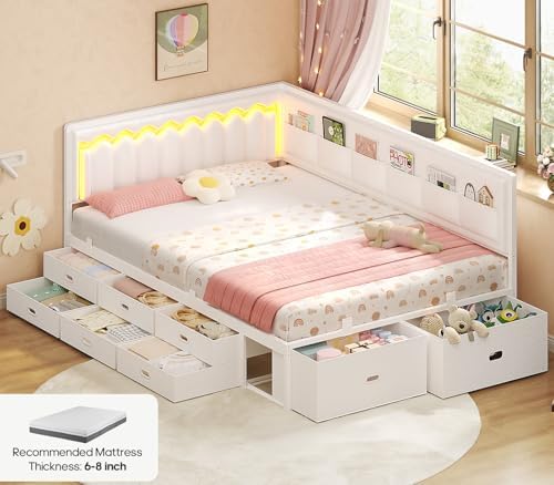 ADORNEVE Full Corner Bed Frame with 8 Storage Drawers and LED Lights, White