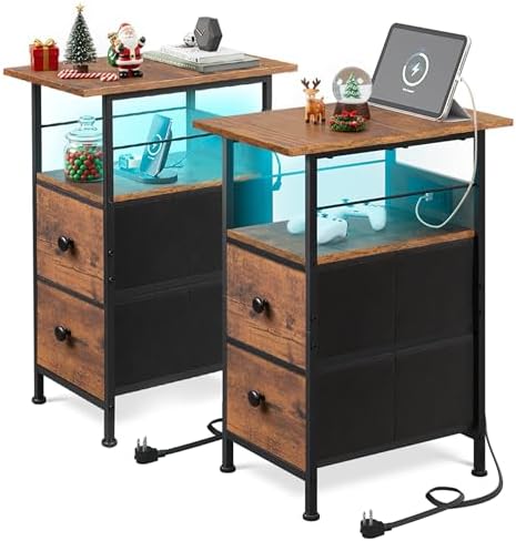 WLIVE Nightstand Set of 2 with Charging Station, End Table Sets with LED Lights, 2 Fabric Drawers and Open Shelf, Bed Side Tables Living Room, Small Space, Night Stand for Bedroom, Rustic Brown