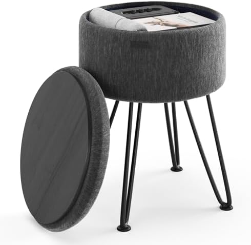 Round Ottoman with Storage, Textured Velvet Storage Ottoman, Foot Stool Ottomans, Makeup Vanity Stool, Small Ottomans Foot Rest, Modern Vanity Stools for Living Room and Bedroom, Grey