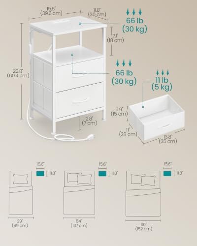 SONGMICS Nightstand with Charging Station, 2 Fabric Drawers