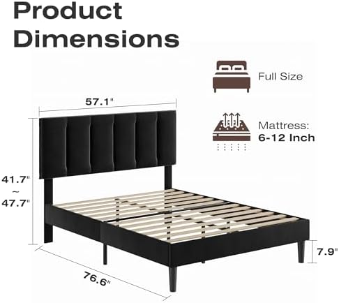VECELO Full Size Bed Frame with Upholstered Headboard, Velvet & Black