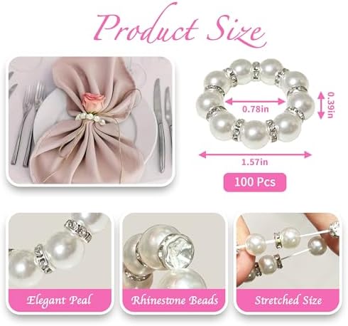 100 Pcs Silver Pearl Napkin Rings, Imitation Pearl, for Wedding Parties