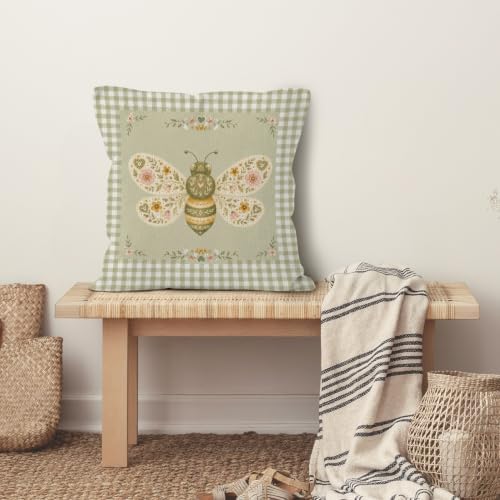Farmhouse Green Gingham Bee Floral Nursery Throw Pillow Cover 18x18